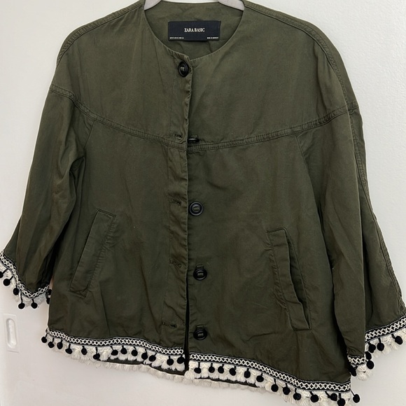 ZARA Olive Green Cotton Twill Jacket Pompom Boho Style Size S - Picture 2 of 4